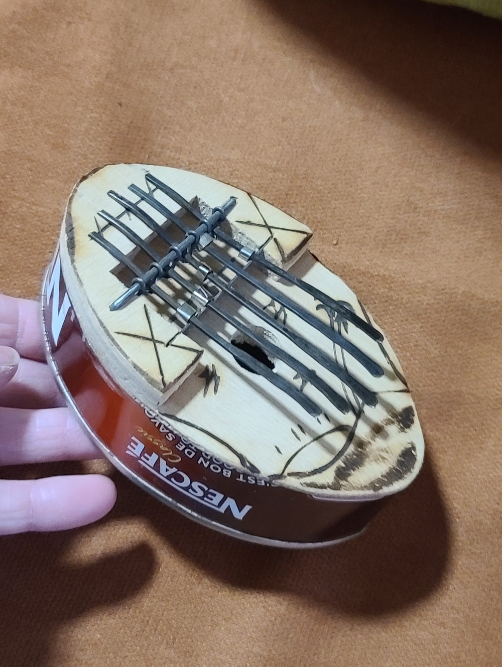 Handmade African Thumb Piano Upcycled Tin Kalimba with Nescafé Branding